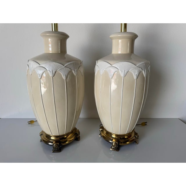 1980s 1980s Vintage Beige Ceramic Table Lamps on Brass Finish Bases – A Pair For Sale - Image 5 of 12