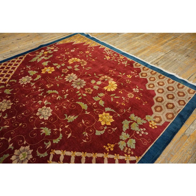 1920s Red Floral Modern Antique Chinese Art Deco Rug 10'x 13' 6" Handknotted Wool Carpet For Sale - Image 4 of 9