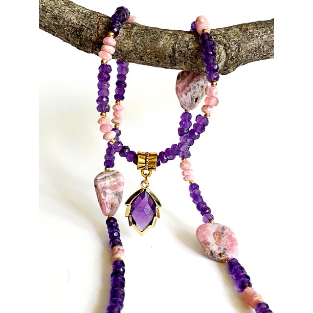 Amethyst Artisan Amethyst Pendant Necklace With Genuine Argentine Rhodochrosite and Gilded Accents For Sale - Image 8 of 18