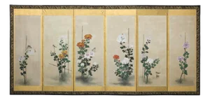 Early 20th Century Japanese Taishō Period Six-Panel Screen with Hand-Painted Chrysanthemums and Birds