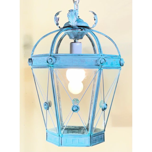 Rustic Vintage Style Solid Brass Verdigris Hanging Lantern - Restored & Rewired For Sale - Image 3 of 14
