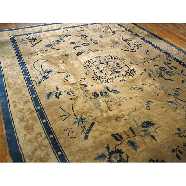 Textile Antique 1920s Beige Floral Deco Rectangle Chinese Peking Knotted Wool Rug For Sale - Image 7 of 10