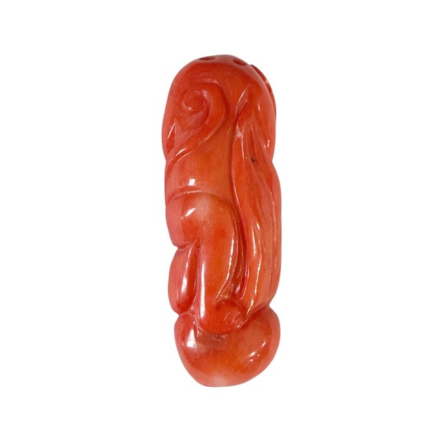 Asian Vintage Red Coral Carved Foo Dog Statue Amulet Pendant 1.75"h For Sale - Image 3 of 6