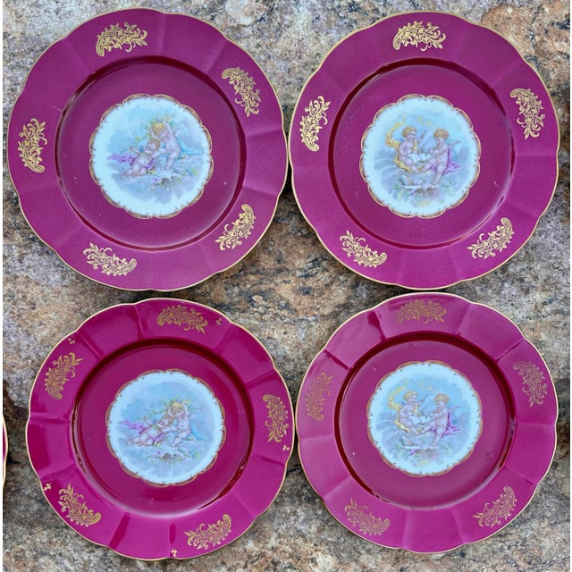 Ceramic Vintage Set of 12 French Hand Painted Cherubs Gold Gilt Red Porcelain Dinner Plates For Sale - Image 7 of 12