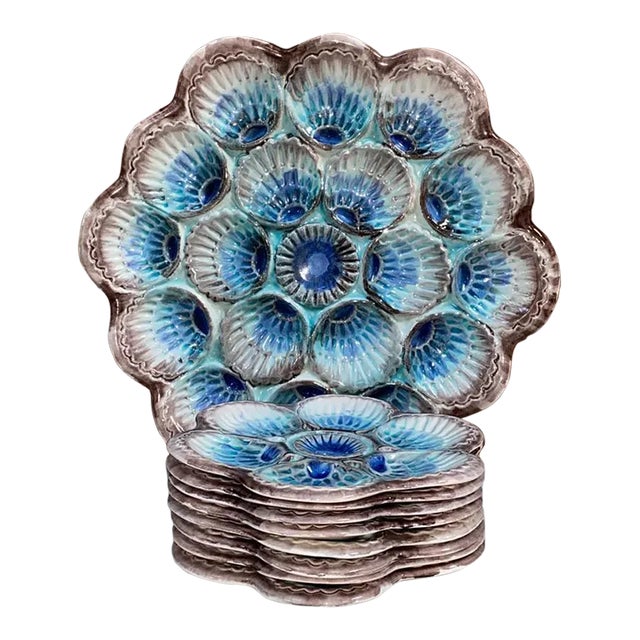 French Majolica Oyster Plate Marcel Guillot, Circa 1950-Set of 9 For Sale