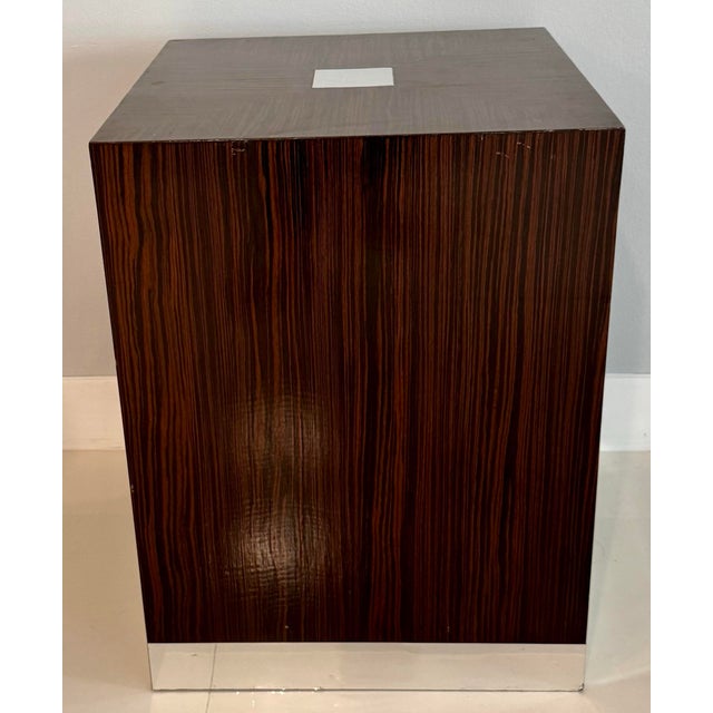 Vintage Pair Cube End Tables With Macassar Ebony Veneer Lacquered & Polished Silver Metal Accents For Sale - Image 4 of 8