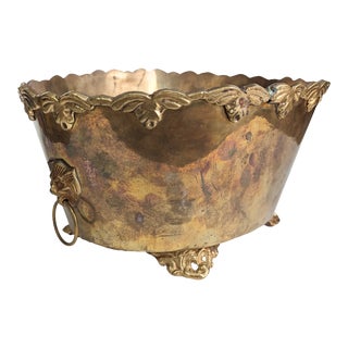 Vintage Brass Patina Lion's Head Handle Footed Pot Planter For Sale