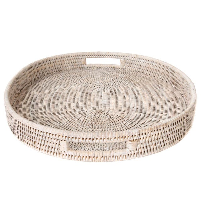 2020s Artifacts Rattan Oval Tray with Cutout Handles in White Wash - 18" For Sale - Image 5 of 8