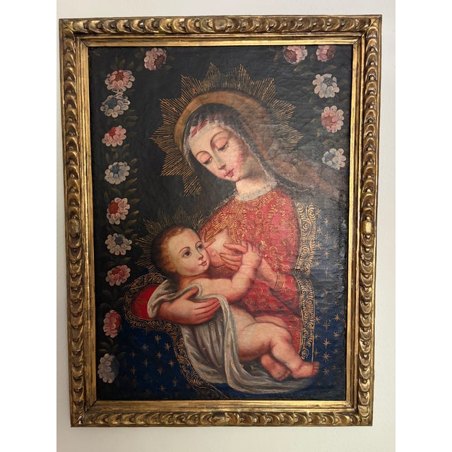 Attributed Cusco School Madonna & Child Oil on Canvas, Peru, 19th Century or Earlier, Family Provenance For Sale - Image 12 of 18