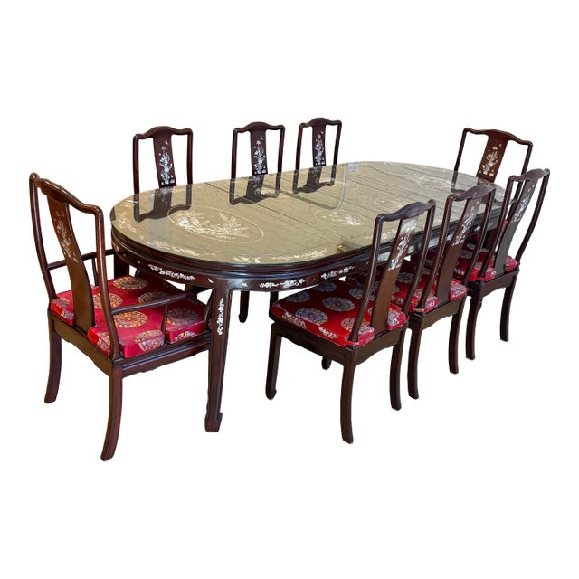 Vintage Qing Style Rosewood Dining Table + Chairs With Mother of Pearl Inlays, Set For Sale