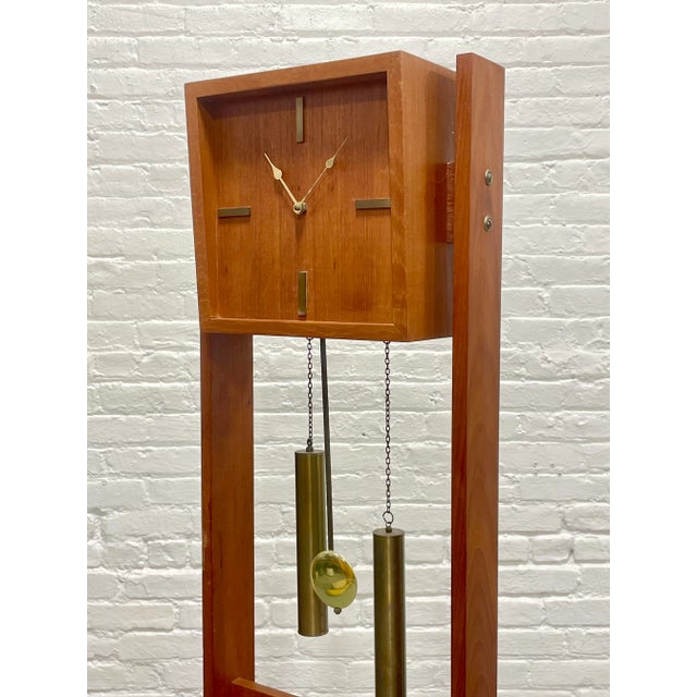 1960s Mid Century Modern Teak + Brass Weight Drive Chiming Floor Clock, C. 1960’s, Denmark For Sale - Image 5 of 10