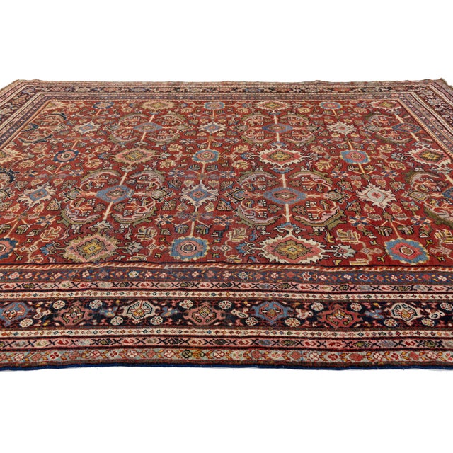 Red Vintage Persian Mahal Wool Rug – Authentic Hand-Knotted Large Scale Floral For Sale - Image 9 of 10