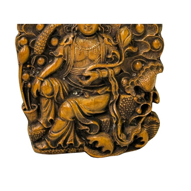 Vintage Small Wood Carved Light Brown Bodhisattva Pendant Plaque For Sale In San Francisco - Image 6 of 6