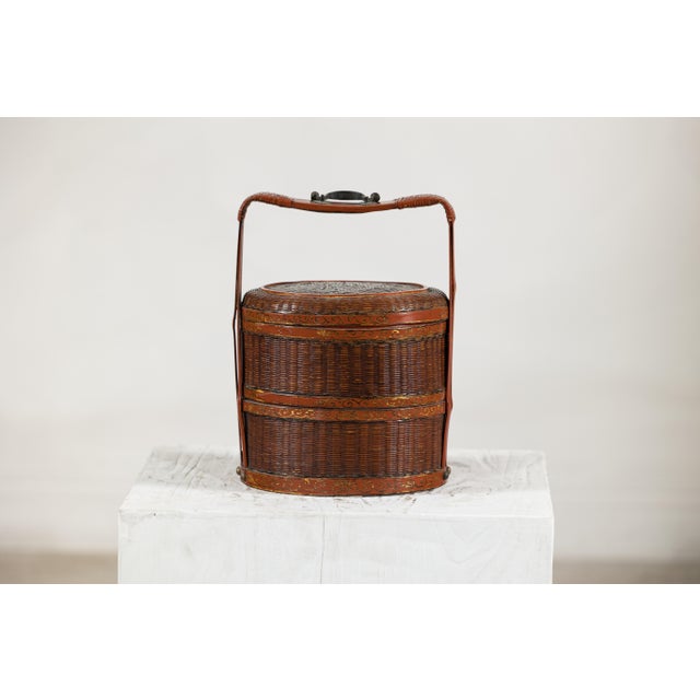 Vintage Chinese Woven Food Box with Painted Wood Bands, Double-Handled Carrying For Sale In New York - Image 6 of 18