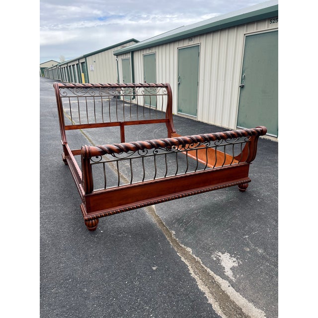 Late 20th Century King Size Wrought Iron and Cherry Sleigh Bed Frame For Sale - Image 5 of 12