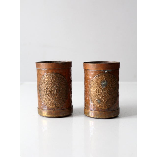 Vintage Copper Plated Mugs Aztec Calendar Pair For Sale - Image 11 of 11