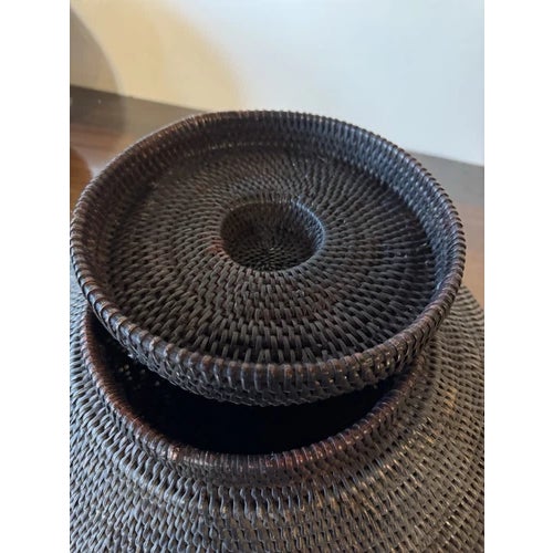 Vintage 17.5" Philippines Ifugao Rattan Woven Lidded Basket on Stand For Sale - Image 4 of 12