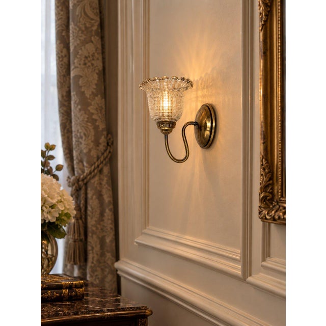 Metal Vintage Classic Style Bronze Scalloped Pressed Glass Shade Sconce For Sale - Image 7 of 7