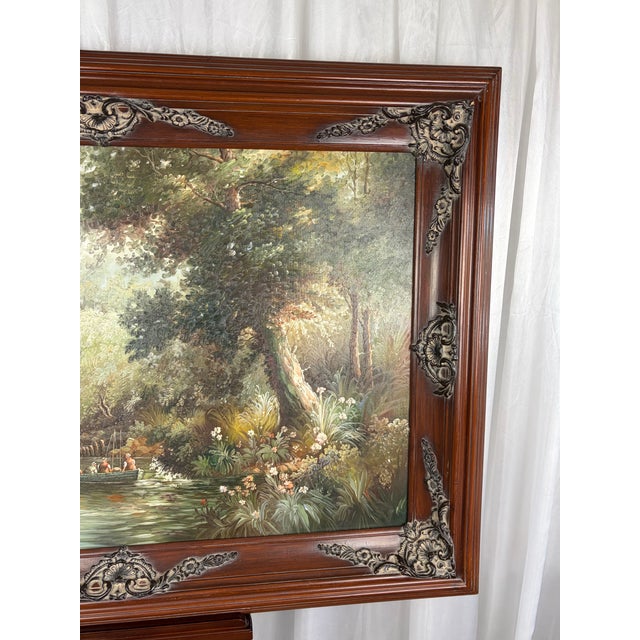 Mid 20th Century Large White Framed Vintage River Landscape Oil Painting, Ornate Carved Wood C Thomas Art For Sale - Image 5 of 12