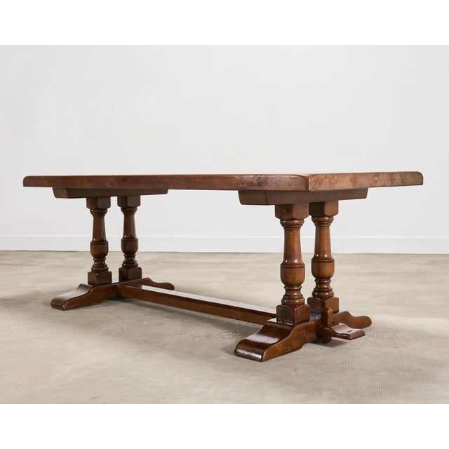 French Provincial Country French Provincial Oak Double Trestle Dining Table 7 Ft For Sale - Image 3 of 18