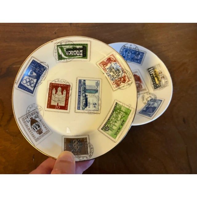 Mid-Century Modern Mid-Century Modern Richard Ginori Italian Porcelain Dishes Decorated With World Postage Stamps - a Pair For Sale - Image 3 of 11