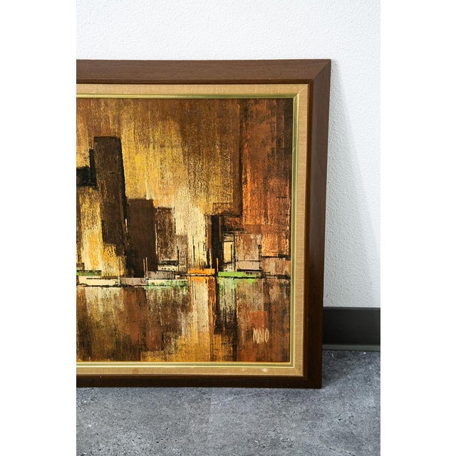 Brown 1960s Mid Century Modern Wall Art Abstract Landscape City Scape Frame Large New York For Sale - Image 8 of 12