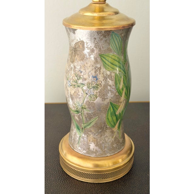 Vintage Botanical Reverse-Decoupage Glass Table Lamp With Pierced Brass Base For Sale In Washington DC - Image 6 of 12