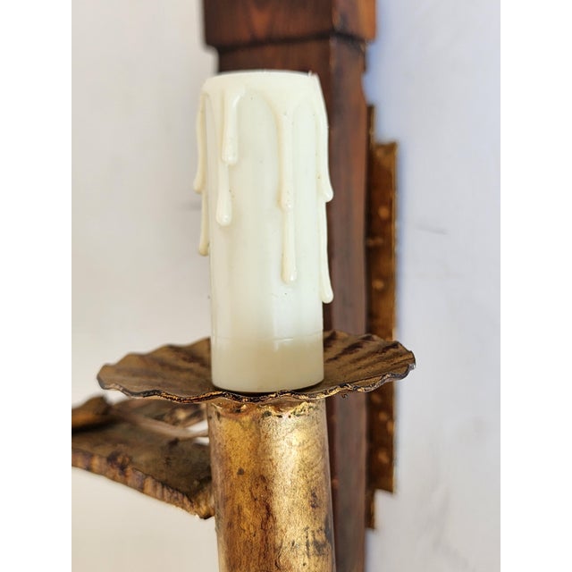 Vintage Spanish Revival Gilded Wrought Iron & Wood Wall Sconces-a Pair For Sale - Image 11 of 12