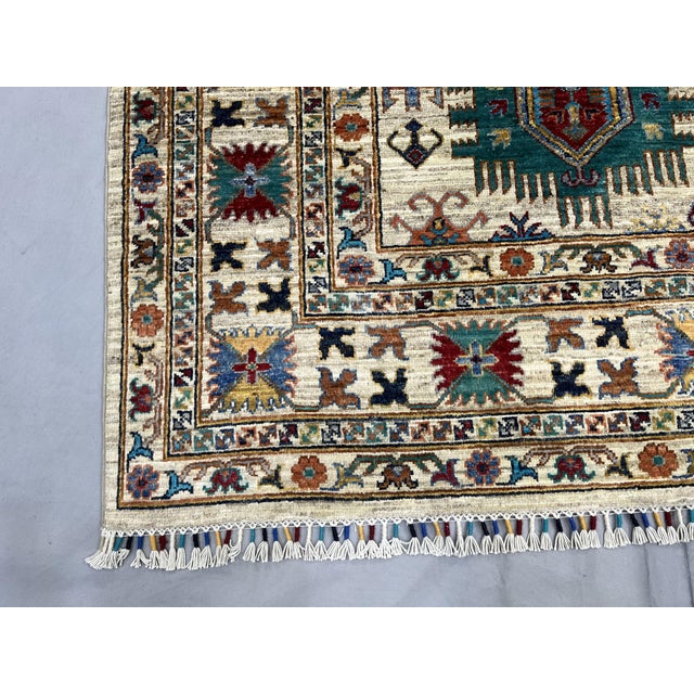 Ivory & Blue Sultani Natural Dye Wool Rug, Tribal Geometric Medallion Design, 6′10″ × 9′10″ For Sale - Image 13 of 14