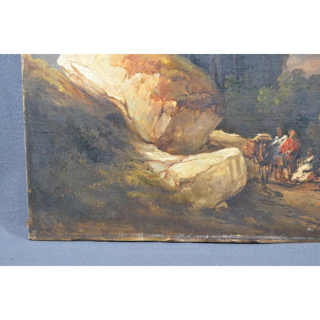 Antique Romantic Landscape Oil Painting With Figures and Rocky Scenery For Sale - Image 11 of 11