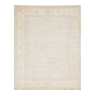 Hand-Knotted Modern Peshawar Wool Rug – Muted Light Blue & Cream Floral Design For Sale