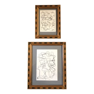 Gallery Wall Collection-2 Vintage Wayne Cunningham Abstract Ink Drawings-Vintage Inlaid Wood Frames- Set of 2 For Sale