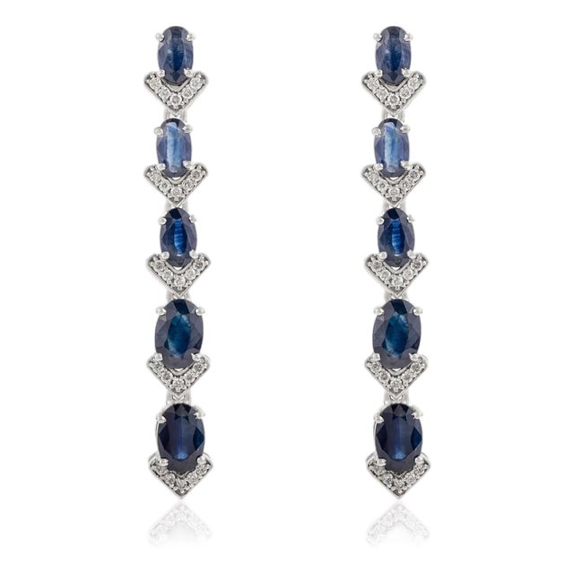 3.47 Carat Blue Sapphire Chandelier Line Earrings With Diamonds in 14k Gold- 2 Pieces For Sale