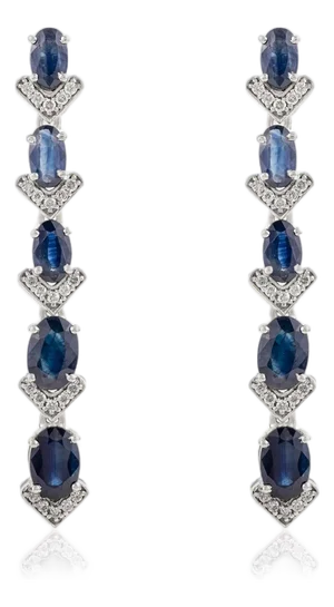 3.47 Carat Blue Sapphire Chandelier Line Earrings With Diamonds in 14k Gold- 2 Pieces