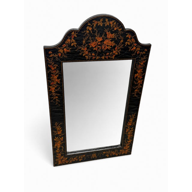 Vintage Chinoiserie Style Black Lacquer Hand-Painted Floral Mirror For Sale In Miami - Image 6 of 12