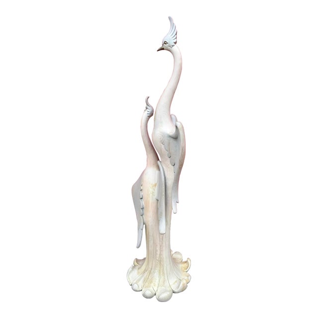 62” Ft Vintage Brass and Carved Solid Wood Herons Cranes Birds Sculpture Manner of Sarried For Sale