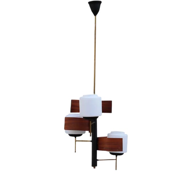 Italian Mahogany and Glass Pendant Lamp from Esperia, 1950s For Sale