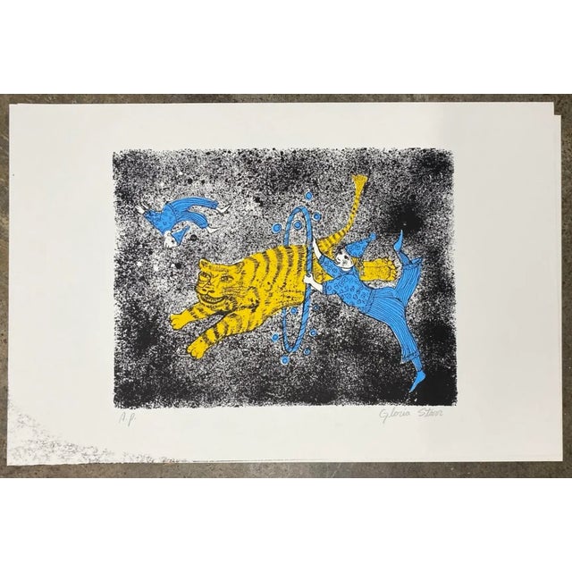 1960s Gloria Starr cosmic tiger jumping through a hoop MCM lithograph on paper. Signed and marked as an artist's proof....