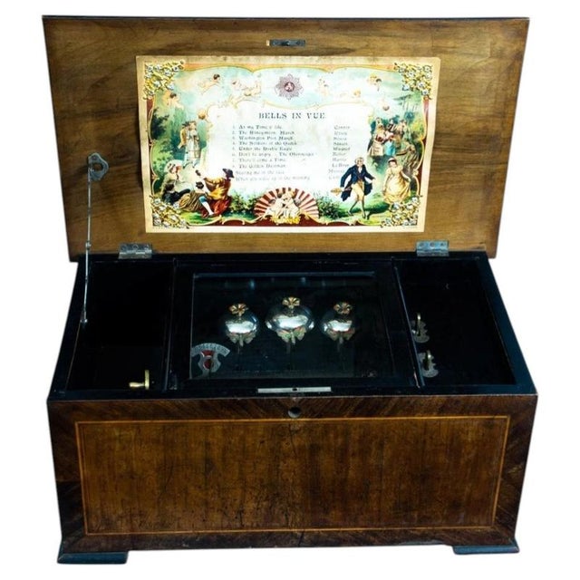 19th Century Swiss Cylinder Music Box with Three Bells in Walnut Case For Sale - Image 11 of 11