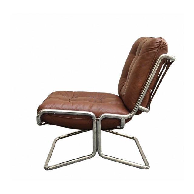 1970s Brown Leather Lounge Armchair with Chrome-Plated Steel Tubular Frame, Italy, 1970s For Sale - Image 5 of 8