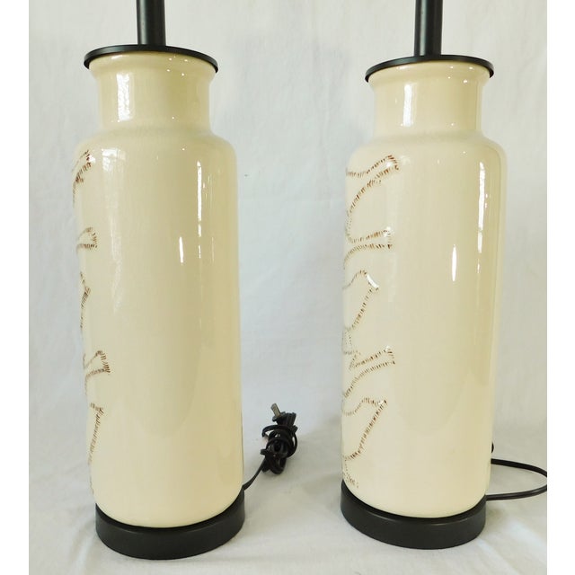 Pair Vintage Beige Crackle Brown Figural Bird Table Lamps For Sale - Image 4 of 8