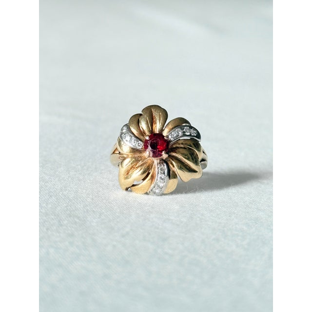 Vintage Mid-Century 18k Yellow Gold Garnet and Diamond Flower Cluster Ring, Size 7 For Sale - Image 12 of 12