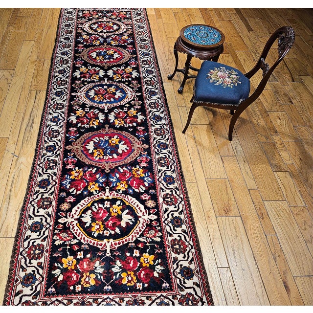 Persian Vintage Persian Bakhtiari Wide Runner, Handwoven Wool, Floral Bouquet Design, Navy & Red, 4x13 For Sale - Image 3 of 17