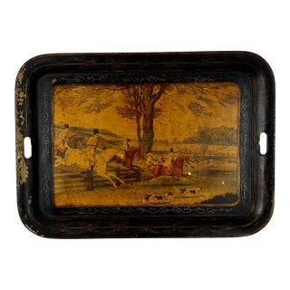 Antique English Large Tole Tray With Hand Painted Horse Riding Landscape Scene For Sale