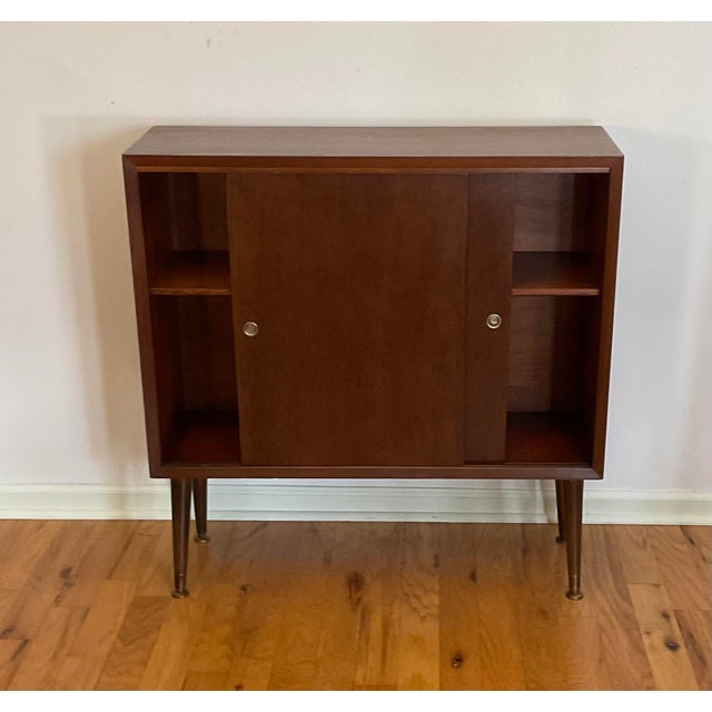 MidCentury Modern Walnut Wood Sliding Door Bookcase Circa 60s