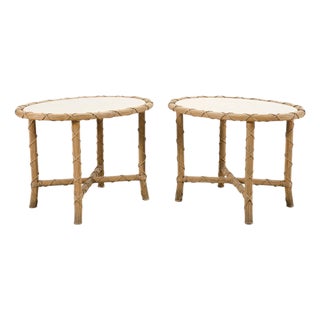 Pair of Danny Ho Fong Organic Modern Rattan Marble Tables For Sale