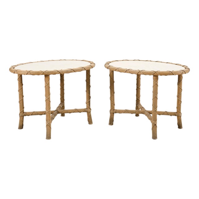 Pair of Danny Ho Fong Organic Modern Rattan Marble Tables For Sale