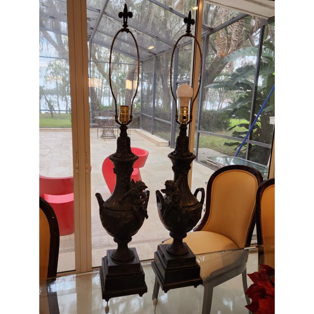 Ebony 1970s Mid-Century Black Metal Cherub on Urn Lamps - a Pair For Sale - Image 8 of 8