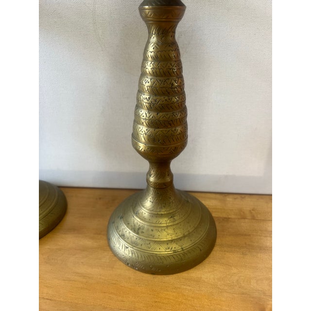1920s Pair of Moroccan Large Solid Brass Candlesticks For Sale - Image 6 of 9