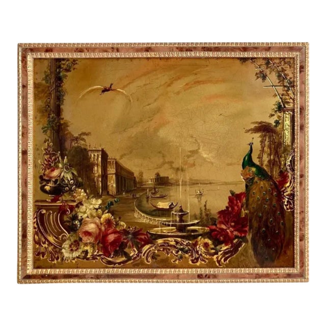Antique Jennens & Bettridge Venetian Oil Painting W Peacock For Sale